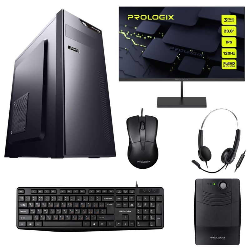 Системний блок Prologix (i5-12400 2.5GHz/H610/16G/SSD-512GB/Wi-Fi-AC/400W/WIN 11 PRO UKR/Microsoft Office/монітор 23,8" гарнітура, клавіатура, миша, ДБЖ)